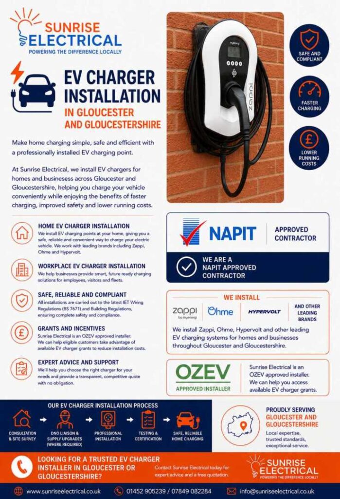 EV charger installation in Gloucester and Gloucestershire by Sunrise Electrical. NAPIT approved contractor and OZEV approved installer for home and commercial EV charging points.