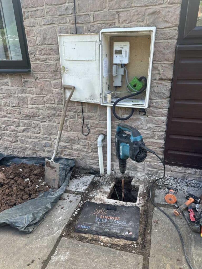 Earth rod installation by Sunrise Electrical during a domestic EV charger installation in Mitcheldean, Gloucestershire.