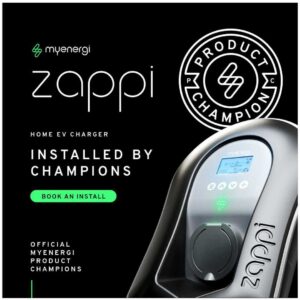 myenergi zappi home EV charger and Product Champion badge, promoting Sunrise Electrical's authorised EV charger installation service in Gloucestershire.